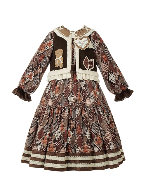 To Bell Series Retro Cute Childlike Chocolate Brown Bear Print Embroidered Brooch Vest Long Sleeve Fluffy Kawaii Fashion Dress Set