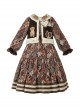 To Bell Series Retro Cute Childlike Chocolate Brown Bear Print Embroidered Brooch Vest Long Sleeve Fluffy Kawaii Fashion Dress Set