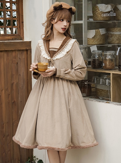 Coco Diary Series College Style Navy Collar Khaki Lace Ruffles Autumn Winter Hairball Plush Edge School Lolita Long Sleeves Dress OP