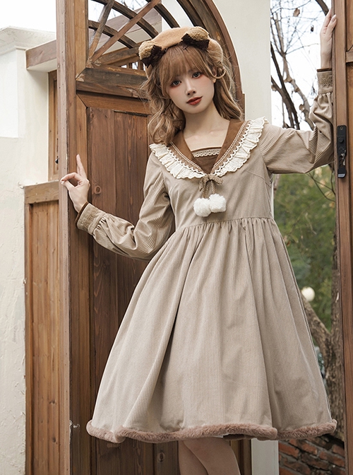 Coco Diary Series College Style Navy Collar Khaki Lace Ruffles Autumn Winter Hairball Plush Edge School Lolita Long Sleeves Dress OP