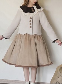 Coco Diary Series Asymmetrical Petal Collar Lace Daily Brown Apricot Cute Round Buttons College Style School Lolita Woolen Coat