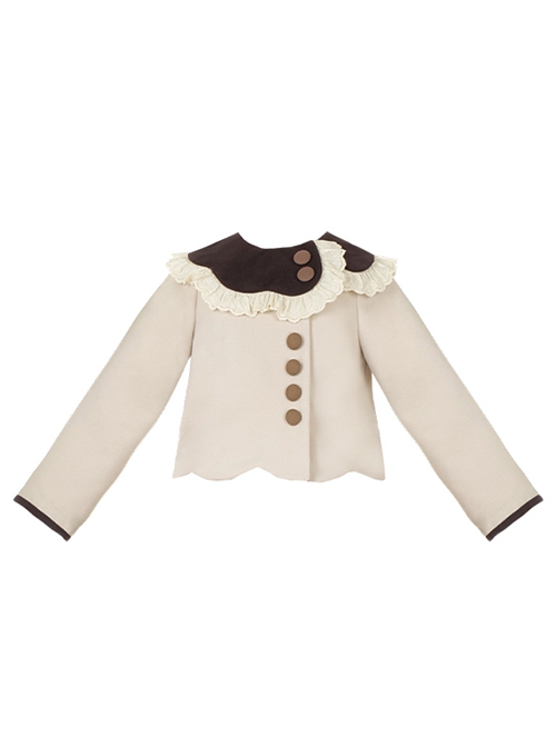 Coco Diary Series Asymmetrical Petal Collar Lace Daily Brown Apricot Cute Round Buttons College Style School Lolita Woolen Coat