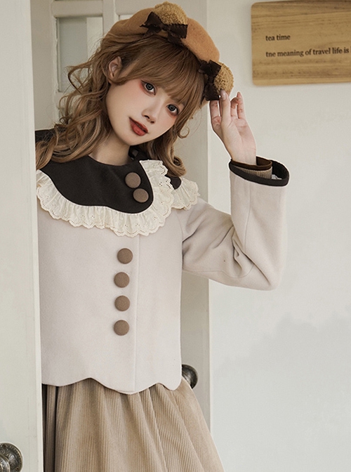 Coco Diary Series Asymmetrical Petal Collar Lace Daily Brown Apricot Cute Round Buttons College Style School Lolita Woolen Coat