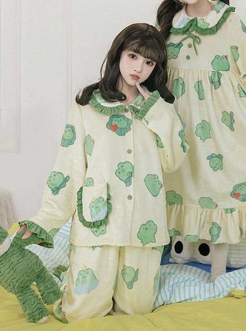 Sleepy Frog Series Cute Fresh Green Ruffled Doll Collar Frog Print Ruffled Doll Collar Sweet Lolita Loungewear Pajamas Pajama Pants Set