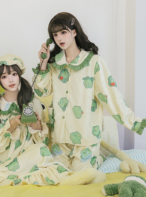 Sleepy Frog Series Cute Fresh Green Ruffled Doll Collar Frog Print Ruffled Doll Collar Sweet Lolita Loungewear Pajamas Pajama Pants Set