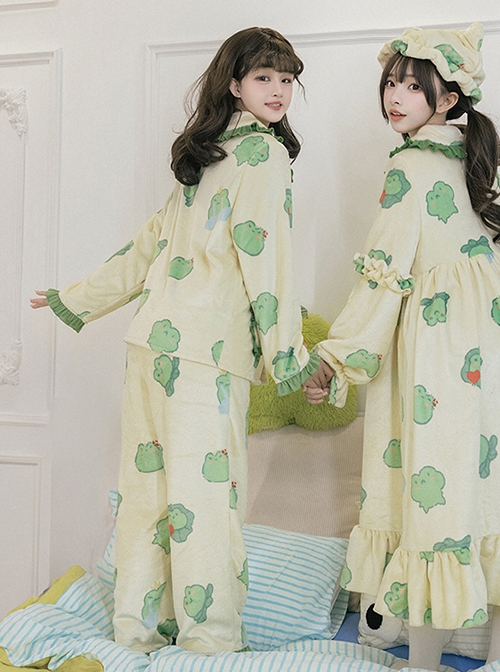 Sleepy Frog Series Cute Fresh Green Ruffled Doll Collar Frog Print Ruffled Doll Collar Sweet Lolita Loungewear Pajamas Pajama Pants Set