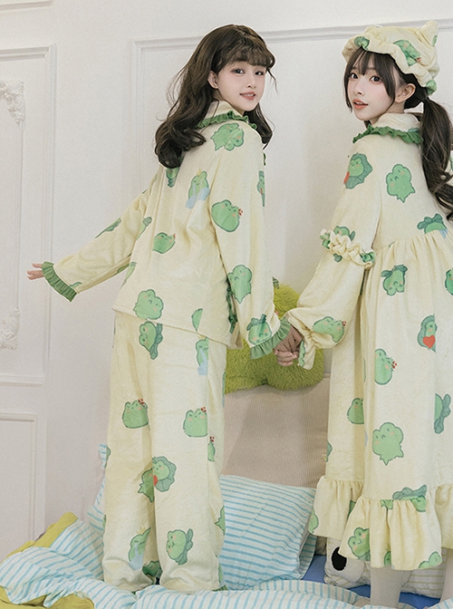 Sleepy Frog Series Cute Fresh Green Ruffled Doll Collar Frog Print