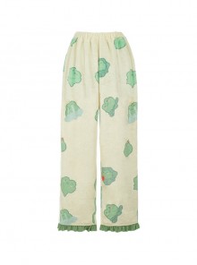 Sleepy Frog Series Green Cute Frog Print Lace Ruffle Daily Home Comfort Soft Sweet Lolita Pajama Pants