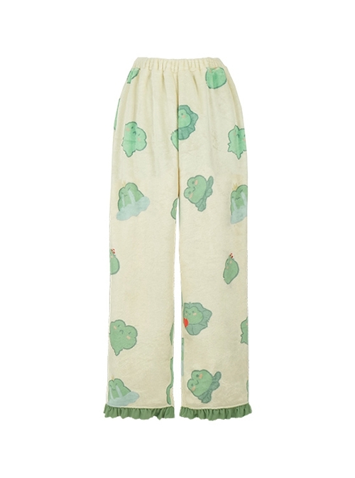 Sleepy Frog Series Green Cute Frog Print Lace Ruffle Daily Home Comfort Soft Sweet Lolita Pajama Pants