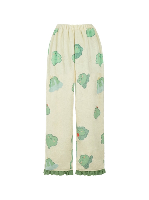 Sleepy Frog Series Green Cute Frog Print Lace Ruffle Daily Home Comfort Soft Sweet Lolita Pajama Pants