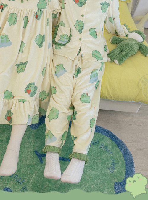 Sleepy Frog Series Green Cute Frog Print Lace Ruffle Daily Home Comfort Soft Sweet Lolita Pajama Pants