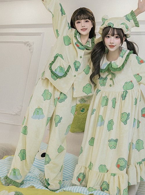 Sleepy Frog Series Green Cute Frog Print Lace Ruffle Daily Home Comfort Soft Sweet Lolita Pajama Pants