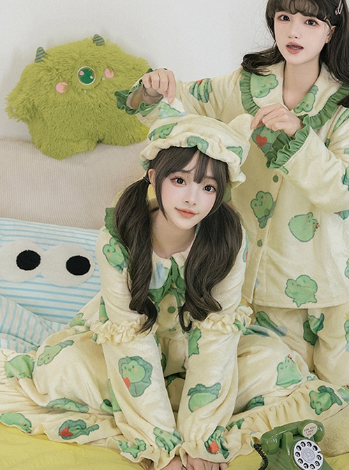 Sleepy Frog Series Flannel Cute Green Cartoon Frog Print Warm Homewear Ruffles Sweet Lolita Baby Hat