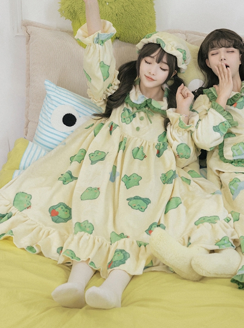 Sleepy Frog Series Green Cartoon Little Frog High Waist Everyday Cute Ruffle Baby Collar Sweet Lolita Apricot Flannel Nightdress OP