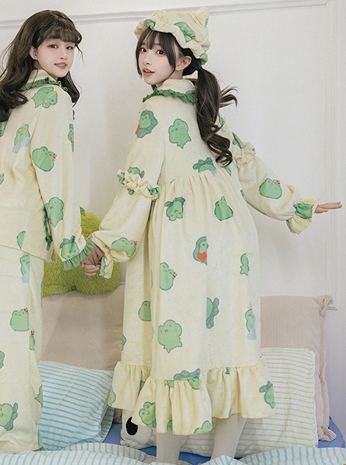 Sleepy Frog Series Green Cartoon Little Frog High Waist Everyday Cute Ruffle Baby Collar Sweet Lolita Apricot Flannel Nightdress OP