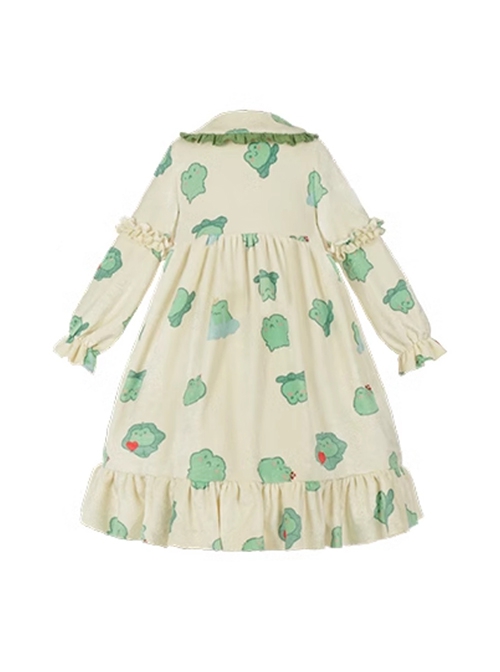 Sleepy Frog Series Green Cartoon Little Frog High Waist Everyday Cute Ruffle Baby Collar Sweet Lolita Apricot Flannel Nightdress OP