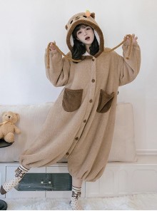 Tuantuan Series Animal Theme Cocoa Brown Cartoon Alpaca Hooded Round Buttons Loose Jumpsuit Soft Warm Sweet Lolita Homewear