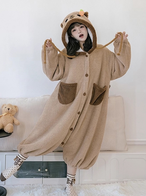 Tuantuan Series Animal Theme Cocoa Brown Cartoon Alpaca Hooded Round Buttons Loose Jumpsuit Soft Warm Sweet Lolita Homewear