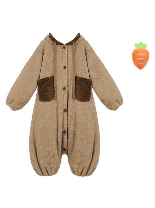 Tuantuan Series Animal Theme Cocoa Brown Cartoon Alpaca Hooded Round Buttons Loose Jumpsuit Soft Warm Sweet Lolita Homewear