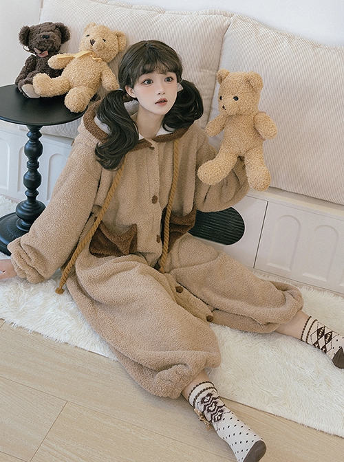 Tuantuan Series Animal Theme Cocoa Brown Cartoon Alpaca Hooded Round Buttons Loose Jumpsuit Soft Warm Sweet Lolita Homewear