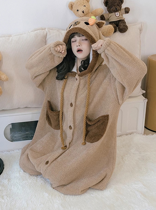 Tuantuan Series Animal Theme Cocoa Brown Cartoon Alpaca Hooded Round Buttons Loose Jumpsuit Soft Warm Sweet Lolita Homewear