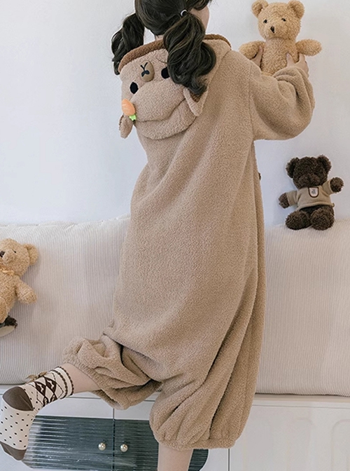 Tuantuan Series Animal Theme Cocoa Brown Cartoon Alpaca Hooded Round Buttons Loose Jumpsuit Soft Warm Sweet Lolita Homewear