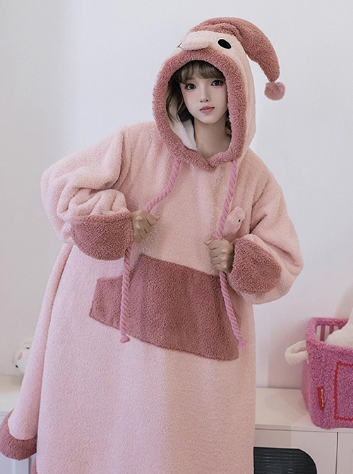 Tuantuan Series Animal Theme Blobfish Childlike Ugly Cute Big Nose Pink Sweet Lolita Hooded Long Sleeves Dress Nightdress