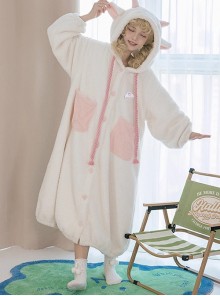 Tuantuan Series Animal Theme White Pink Cute Little Lamb Soft Comfortable Hooded Flower Bud Hem Long Sleeves Dress Nightdress