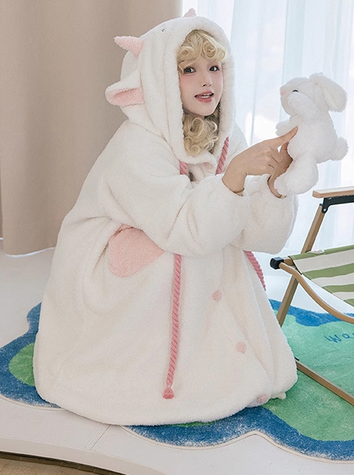 Tuantuan Series Animal Theme White Pink Cute Little Lamb Soft Comfortable Hooded Flower Bud Hem Long Sleeves Dress Nightdress