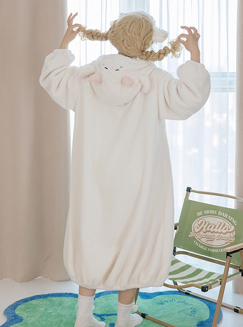 Tuantuan Series Animal Theme White Pink Cute Little Lamb Soft Comfortable Hooded Flower Bud Hem Long Sleeves Dress Nightdress