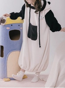 Tuantuan Series Animal Theme Black White Cute Panda Fur Ball Tail Daily Hooded Bud Hem Long Sleeves Dress Soft Nightdress