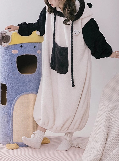 Tuantuan Series Animal Theme Black White Cute Panda Fur Ball Tail Daily Hooded Bud Hem Long Sleeves Dress Soft Nightdress