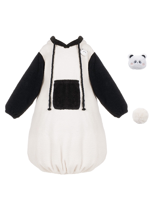 Tuantuan Series Animal Theme Black White Cute Panda Fur Ball Tail Daily Hooded Bud Hem Long Sleeves Dress Soft Nightdress