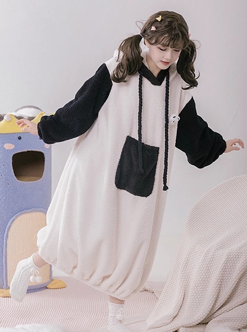 Tuantuan Series Animal Theme Black White Cute Panda Fur Ball Tail Daily Hooded Bud Hem Long Sleeves Dress Soft Nightdress