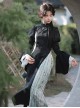 Orchid Pavilion Frosty Moonlit Night Chinese Style Retro Dark Black Witch Sexy Slim Puff Ruffled Sleeves Splice Lace Gothic Lolita Dress Cheongsam