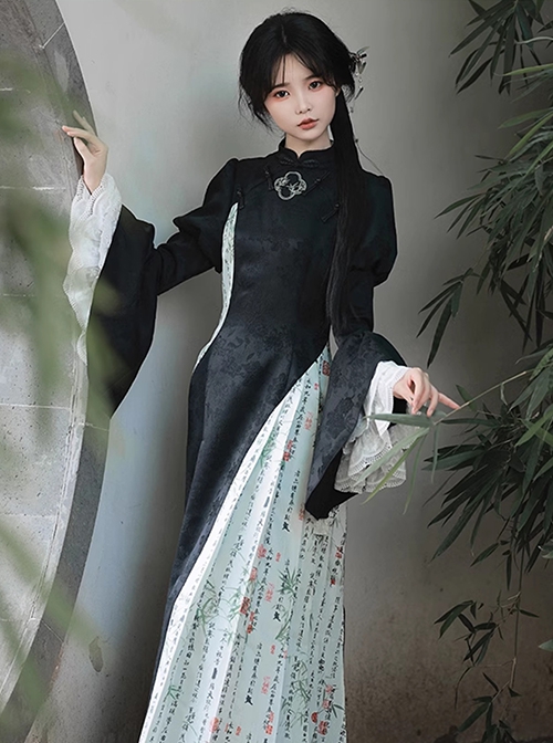 Orchid Pavilion Frosty Moonlit Night Chinese Style Retro Dark Black Witch Sexy Slim Puff Ruffled Sleeves Splice Lace Gothic Lolita Dress Cheongsam