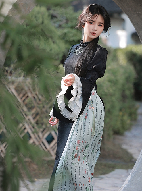 Orchid Pavilion Frosty Moonlit Night Chinese Style Retro Dark Black Witch Sexy Slim Puff Ruffled Sleeves Splice Lace Gothic Lolita Dress Cheongsam