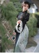 Orchid Pavilion Frosty Moonlit Night Chinese Style Retro Dark Black Witch Sexy Slim Puff Ruffled Sleeves Splice Lace Gothic Lolita Dress Cheongsam