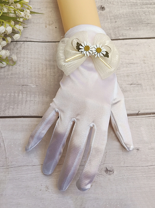 Flower Daisy Wedding Black White Elegant Pearl Decorative Versatile Ribbon Bowknot Daily Classic Lolita Gloves