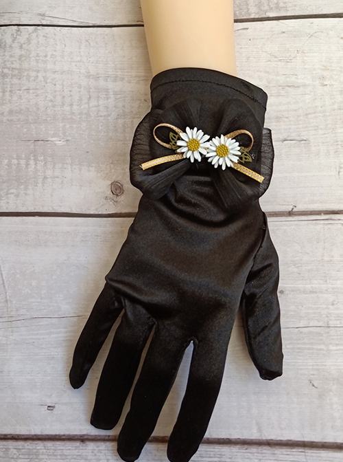 Flower Daisy Wedding Black White Elegant Pearl Decorative Versatile Ribbon Bowknot Daily Classic Lolita Gloves