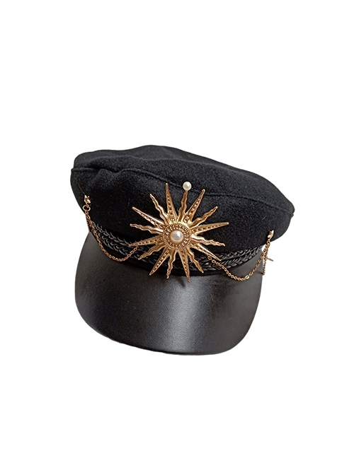 Ouji Fashion Dark Black Military Style Exquisite Retro Golden Silver Metal Chain Accessories Lolita Octagonal Hat