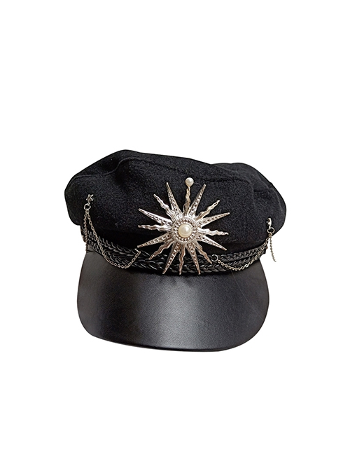 Ouji Fashion Dark Black Military Style Exquisite Retro Golden Silver Metal Chain Accessories Lolita Octagonal Hat