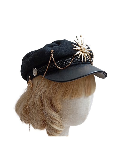 Ouji Fashion Dark Black Military Style Exquisite Retro Golden Silver Metal Chain Accessories Lolita Octagonal Hat