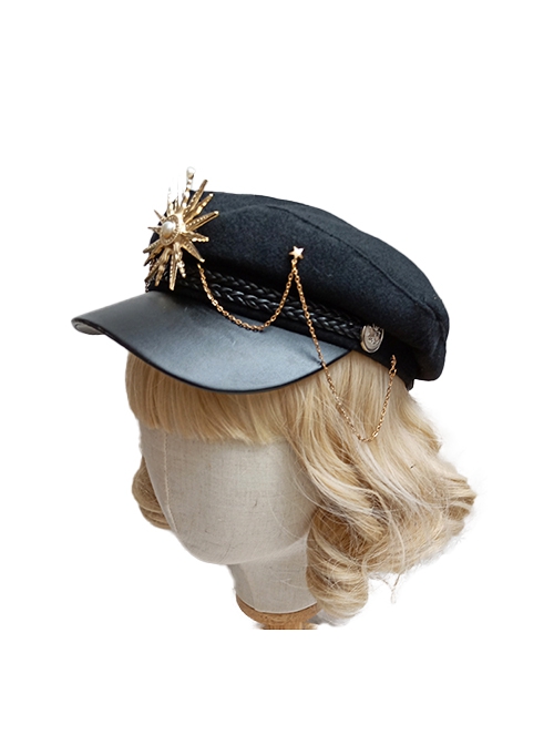 Ouji Fashion Dark Black Military Style Exquisite Retro Golden Silver Metal Chain Accessories Lolita Octagonal Hat