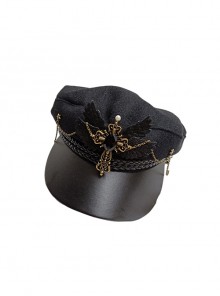 Ouji Fashion Handmade Autumn Winter Dark Black Gothic Cross Wings Military Style Lolita Beret Postman Hat
