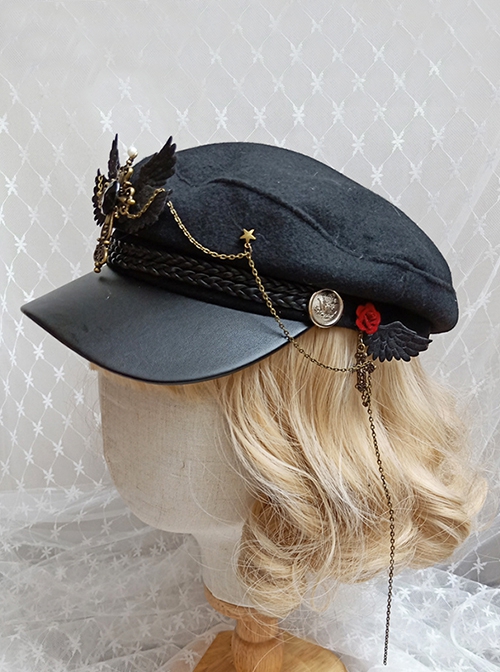 Ouji Fashion Handmade Autumn Winter Dark Black Gothic Cross Wings Military Style Lolita Beret Postman Hat