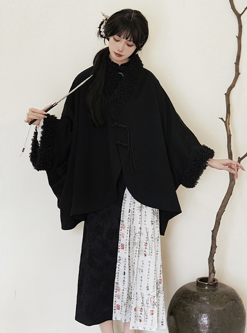 Twilight Mountain Cold Series Chinese Style Classic Tassel Pure Black Thick Warm Plush Soft Loose Gothic Lolita Cloak