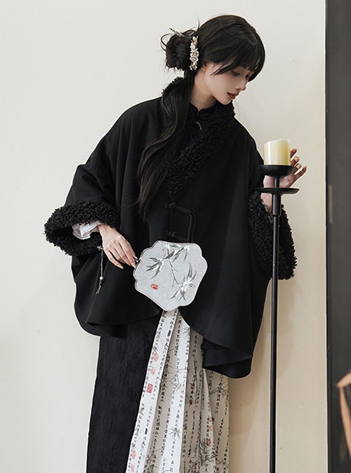 Twilight Mountain Cold Series Chinese Style Classic Tassel Pure Black Thick Warm Plush Soft Loose Gothic Lolita Cloak