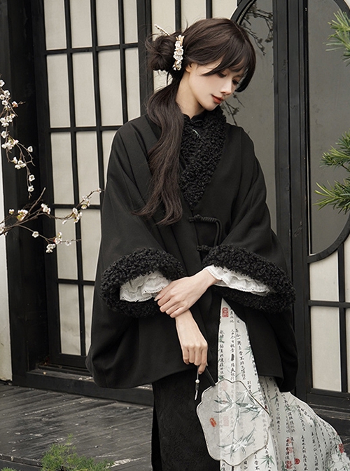 Twilight Mountain Cold Series Chinese Style Classic Tassel Pure Black Thick Warm Plush Soft Loose Gothic Lolita Cloak