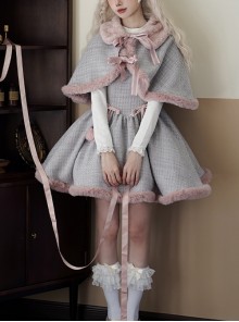 Winter Love Song Series Elegant Low Saturation Gentle Taro Puree Gray Light Pink Tweed Small Cloak Dress JSK Sweet Lolita Suit